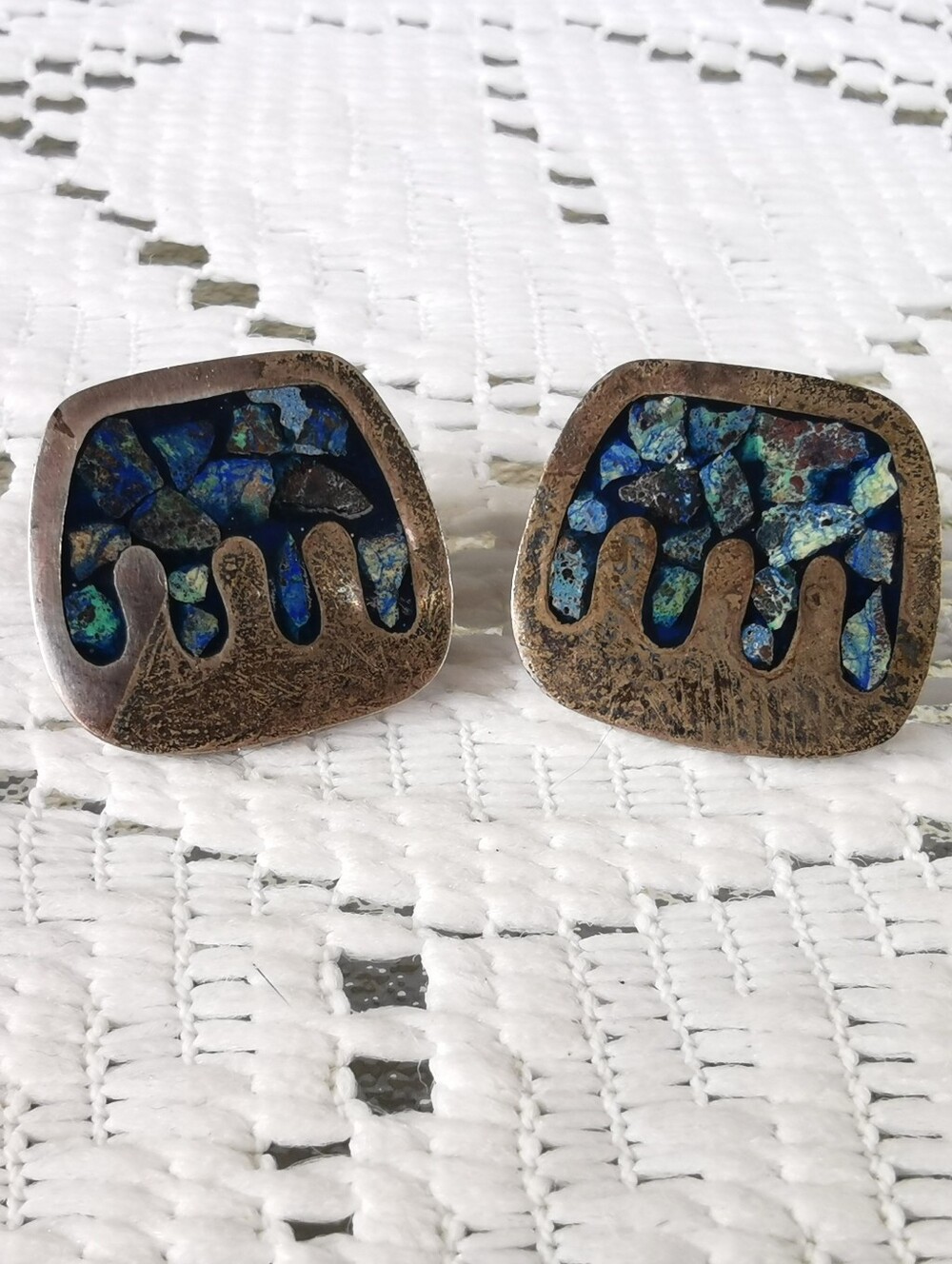 Vintage Mexican 925 Sterling Silver Mosaic Inlay Earrings